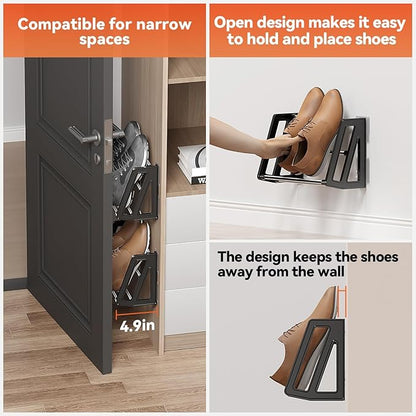 4 Pack Wall Mount Shoe Rack for RV Organization and Storage, Wall Shoe Storage Space Saving Organizer 4 Pairs of Shoes with Sticky Adhesive Strips Slim Shoe Rack for Camper Shoe Hanger Black