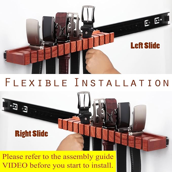 Premium Walnut Wood Belt Organizer with Sliding System - 14-Belt Heavy-Duty Belt Holder, Wall-Mounted Belt Hanger for Closet, Space Saving Storage & Elegant Father’s Day Gift