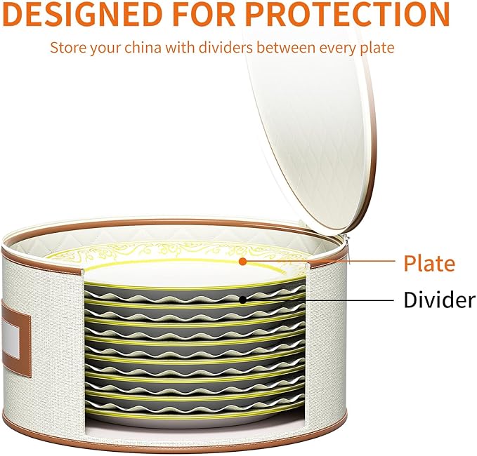 Aokeyee 4-Piece Plate Storage Box, Hard Shell Storage Containers with 48 Soft Dividers for Saucer, Dessert, Salad & Dinner Plates, Sturdy Quilted Stackable Dish Organizer for Moving & Protection,Ivory
