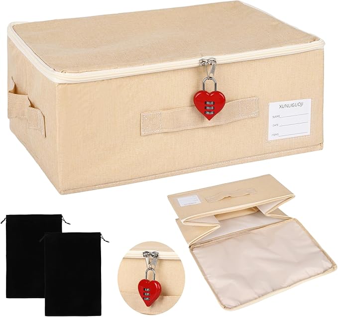 Discreet Toy Storage Box with Lock Toy Bag Fabric lockable storage bin with Handles, foldable, with Zipper lid/handle/label,locking Storage Box for Women and Men (1, red lock, small)