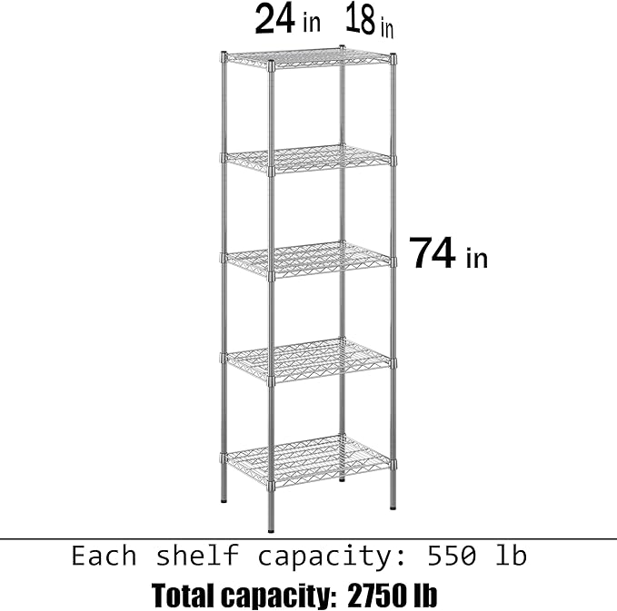 18" Deep x 24" Wide x 74" Height Wire Shelving Kit | 5-Tier | NSF Commercial Storage Rack Unit