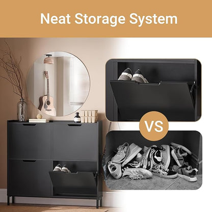 Haotian Ultra Thin Shoe Cabinet with 4 Flip-Drawers, Narrow Shoe Rack, Slim Shoe Storage Organiazer Entryway, Black, FSR100-W, 7.5" D x 39.4" W x 35.6" H
