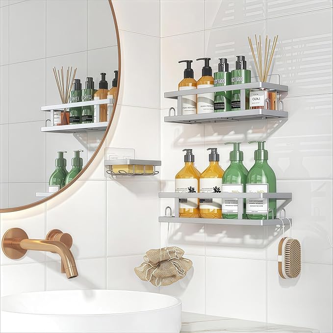 Youvip Adhesive Shower Caddy, 3 Pack Shower Shelves with Soap Holder and 12 Hooks, Rustproof No Drilling Bathroom Organizer and Storage, Silver