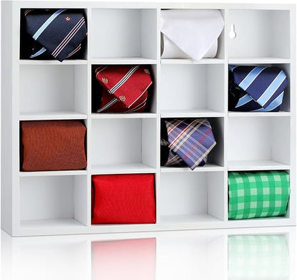 Wesiti Tie Box Organizer Wall Mounted Tie Rack with 16 Compartments Bamboo Belt Holder for Men Scarf Necktie Home Wall Closet(White Color,1 Piece)