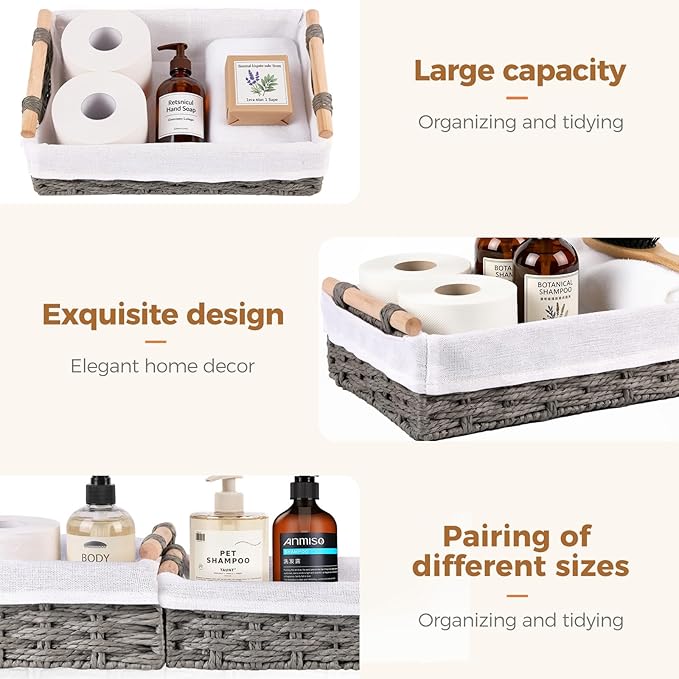 HomeHacks 2 Pack Storage Basket Paper Rope Baskets for Organizing with Handle Decorative Storage Bins for Countertop Toilet Paper Basket for Toilet Tank Top Small Baskets, Grey