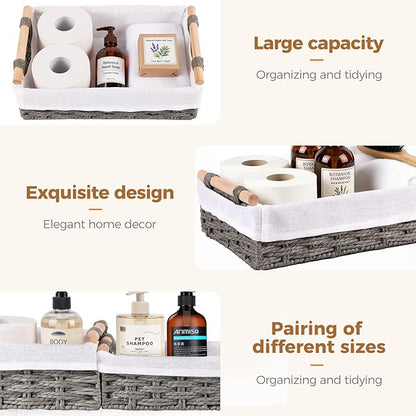 HomeHacks 2 Pack Storage Basket Paper Rope Baskets for Organizing with Handle Decorative Storage Bins for Countertop Toilet Paper Basket for Toilet Tank Top Small Baskets, Grey