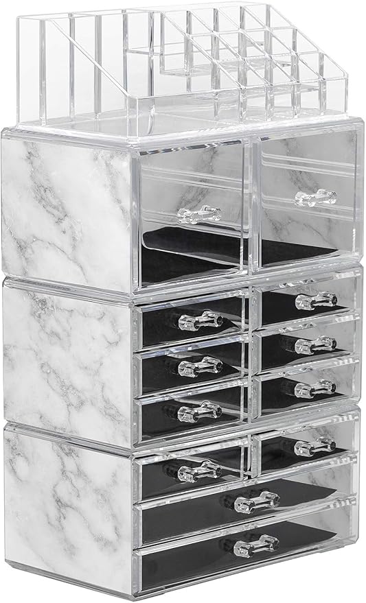 Sorbus Large Makeup Organizer - Clear Stackable Jewelry & Makeup Organizer For Vanity, Bathroom Storage, Dresser - 12 Drawers Cosmetic Beauty Organizers and Storage with Lipstick, Makeup Brush Holder