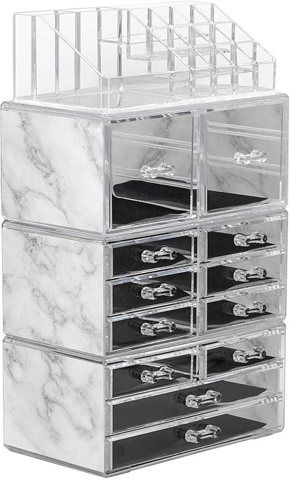 Sorbus Large Makeup Organizer - Clear Stackable Jewelry & Makeup Organizer For Vanity, Bathroom Storage, Dresser - 12 Drawers Cosmetic Beauty Organizers and Storage with Lipstick, Makeup Brush Holder