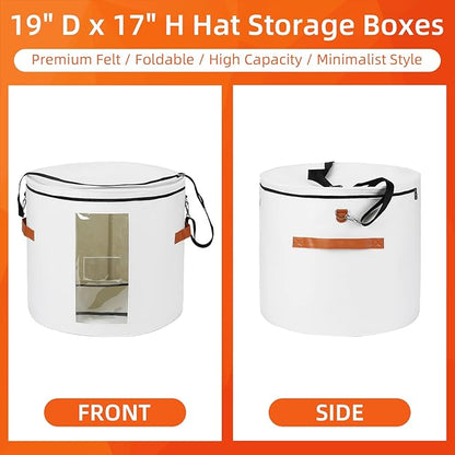 Large Hat Storage Box 19'' for Women and Men - Foldable Round Box With Lid, Felt Stuffed Animal Toy Storage Bin, White