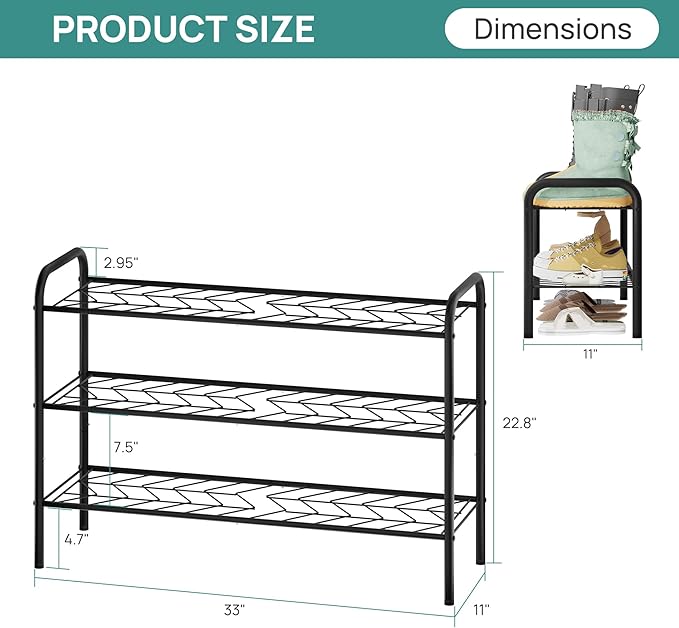 viewcare Shoe Rack for Closet, 3-Tier Long Shoe Rack for Entryway & Garage, Sturdy Metal Construction, Shoe Organizer Holds 8-12 Pairs