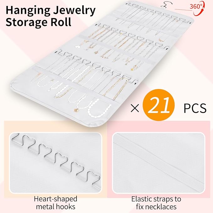 Bloss Hanging Jewelry Organizer, Double-Size jewelrys Storage with Hanger Hooks, Large Jewelrys Storage with 48 Pocket, Earring,Necklace Holder,Womens Jewelry Holder,White