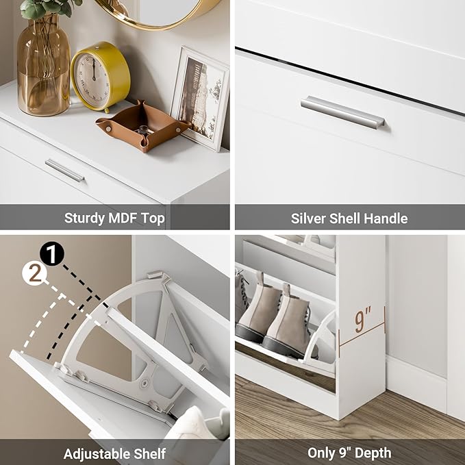 SoBuy Shoe Storage Cabinet Entryway, Freestanding Shoe Cabinet with 3 Flip-Drawers Fully Enclosed Tall Shoe Rack Shoe Organizer, White, FSR137-L-W