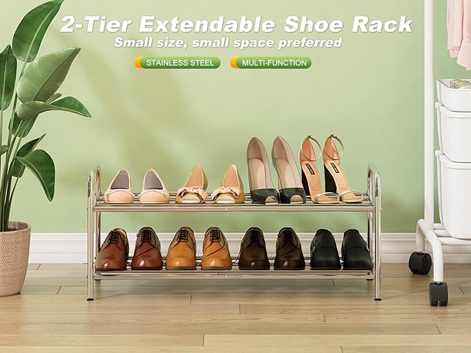 2-Tier Expandable Shoe Rack - 100% Stainless Steel,4-Rod Extendable & Adjustable Feet | Simple Stretchable Space-Saving Shelf for Small Space Closet Entryway (15" to 27", Silver)