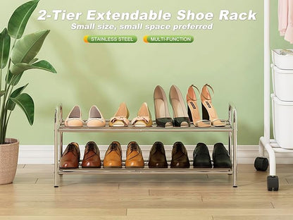 2-Tier Expandable Shoe Rack - 100% Stainless Steel,4-Rod Extendable & Adjustable Feet | Simple Stretchable Space-Saving Shelf for Small Space Closet Entryway (15" to 27", Silver)