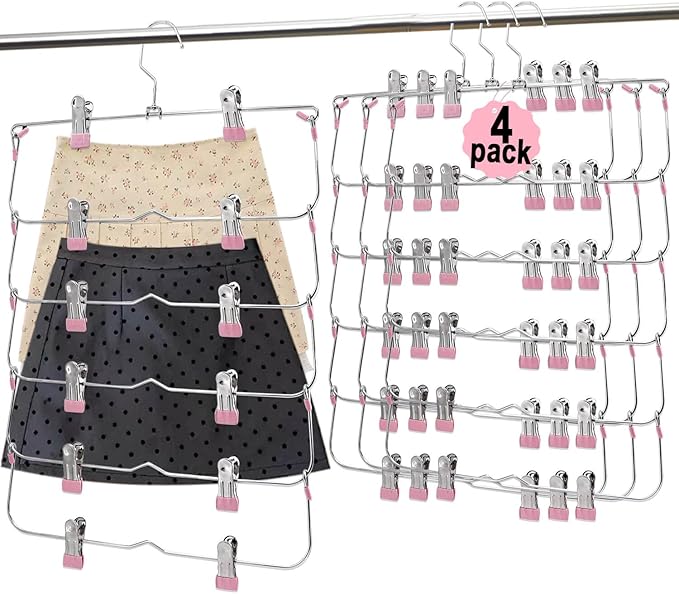 Skirt Pants Hangers with Clips,6Tier Skirt Hangers Space Saving,Metal Multi Pants Hangers and Storage Multi Clothes Shorts Hanger Organization,Space Saving Hangers with Clips (Pink, 4-Piece Set)