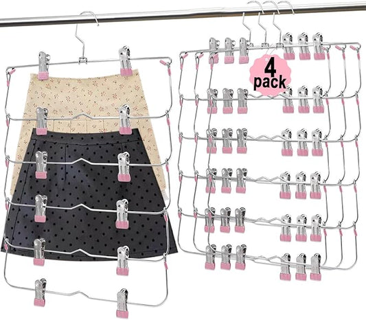 Skirt Pants Hangers with Clips,6Tier Skirt Hangers Space Saving,Metal Multi Pants Hangers and Storage Multi Clothes Shorts Hanger Organization,Space Saving Hangers with Clips (Pink, 4-Piece Set)