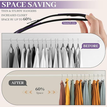 LemonRoad 50 Pack Short Neck Hangers, Upgraded Non-Slip Plastic Hangers Lifts Clothes 3" Higher, Space Saving 360 Swivel Hook for Closet Organizer, Shirts Jackets Dresses, Smooth (Black Purple)