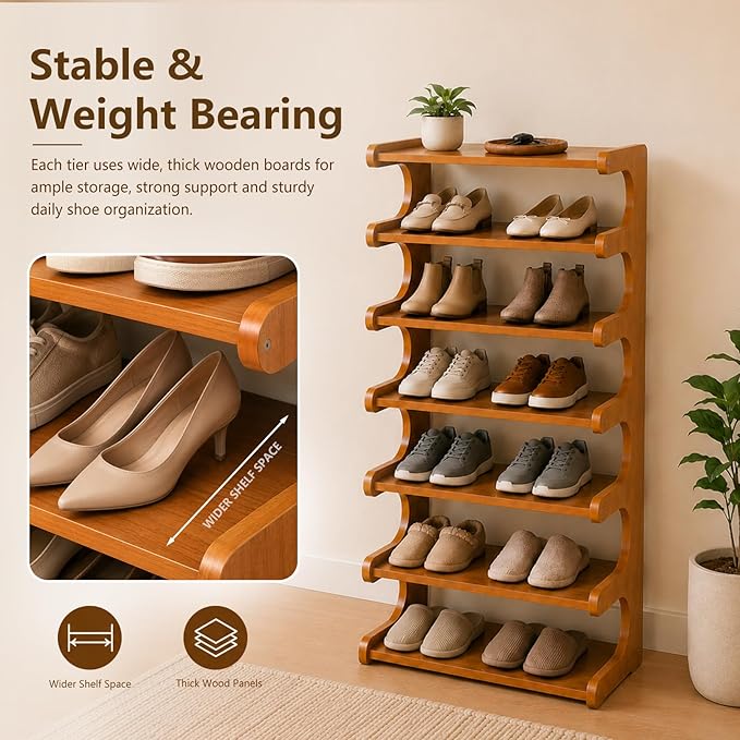 Vertical Narrow Shoe Rack, 7 Tier Shoe Storage Rack for Entryway, Free Standing Multi Layer Wooden Shoe Rack for Corridors, Bedrooms Living Room Corner And Small Spaces (7 Tier/W-50cm)