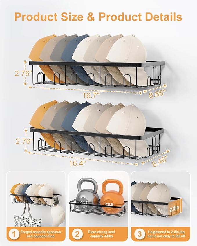 Hat Rack for Wall, 2 Pack Large Hat Organizer with More Hooks, Holds 56 Caps, Metal Wall Mounted Hat Holder for Baseball Caps, Closet Bedroom Kitchen Bathroom, Black