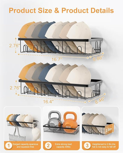 Hat Rack for Wall, 2 Pack Large Hat Organizer with More Hooks, Holds 56 Caps, Metal Wall Mounted Hat Holder for Baseball Caps, Closet Bedroom Kitchen Bathroom, Black
