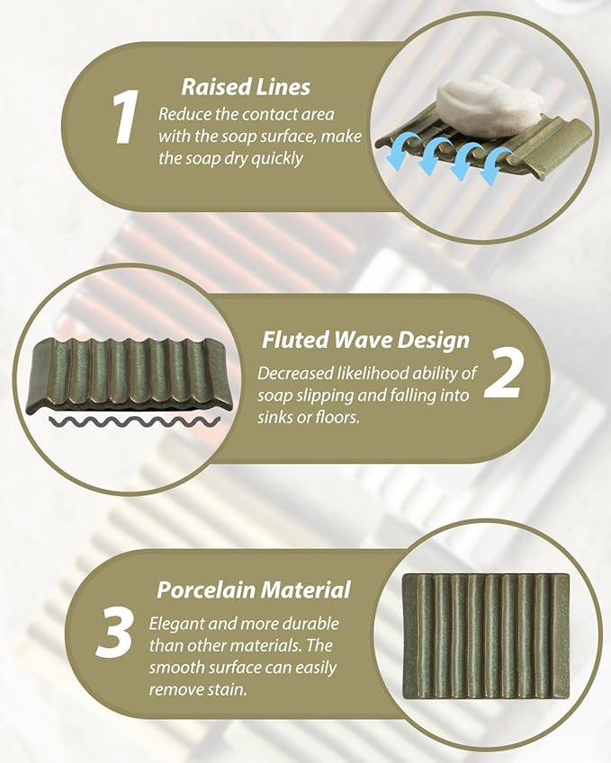 Zoeeker Soap Dish, Ceramic Soap Holder Bar Soap Saver Non-Slip Bathroom Accessories for Sponges, Scrubber, Razor, Green