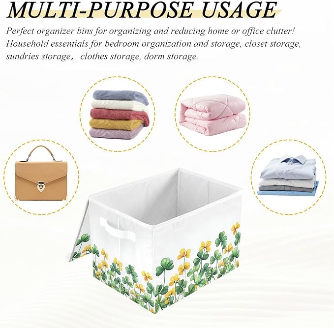 senya St. Patrick's Day Baskets Collapsible Storage Bins with Lids, Border Of Green Clover Yellow Flowers Storage Boxes Clothes Baskets for Organizing