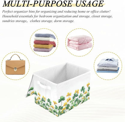 senya St. Patrick's Day Baskets Collapsible Storage Bins with Lids, Border Of Green Clover Yellow Flowers Storage Boxes Clothes Baskets for Organizing