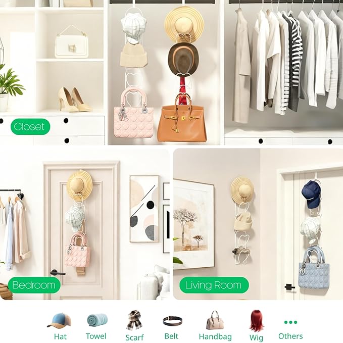LINFIDITE 15 PCS Baseball Hat Rack Hanger Holder Organizer Multi Hook Wall Mounted Over Door Cap Display Storage Rack Cap Holder, Closet HangingStorage Rack w Hanging Hook White