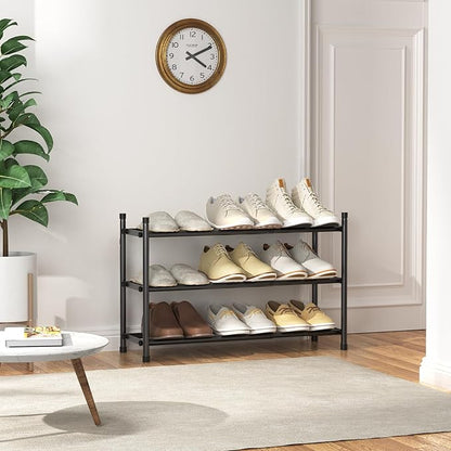 Uneviesyka Expandable Shoe Rack, 3 Tier Shoe Rack for Closet, Stackable Adjustable Standing Metal Shoe Shelf Organizer Storage, Small Shoe Racks for Front Door Entrance、Entryway(Black)