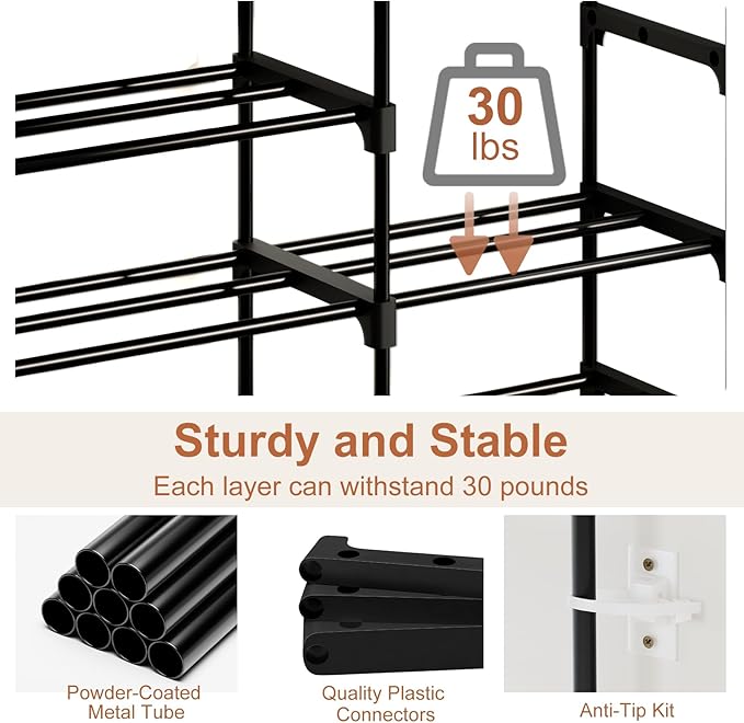 Tall Shoe Rack, 10 Tier Shoe Rack Organizer with 2 Large Drawers, Shoe Storage for 36-40 Pairs, Sturdy Metal Shoe Shelf Shoe Stand for Closet Entryway, Black Grey