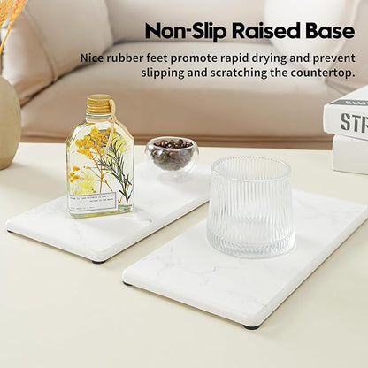 2PCS 10"x 5" Large Bathroom Sink Vanity Trays, Water Absorbing Diatomite Stone Quick Drying Mat for Kitchen Counter, Dish Rack Dispensers Sponge Holder Caddy Organizer, Marble White, 10"x 5"