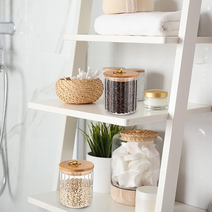 Irenare 2 Pack Glass Jars with Bamboo Lids Bathroom Canisters Apothecary Jars Set Cotton Ball Holder Bathroom Containers Cotton Dispenser Bathroom Storage Organization for Bathroom Farmhouse Favors