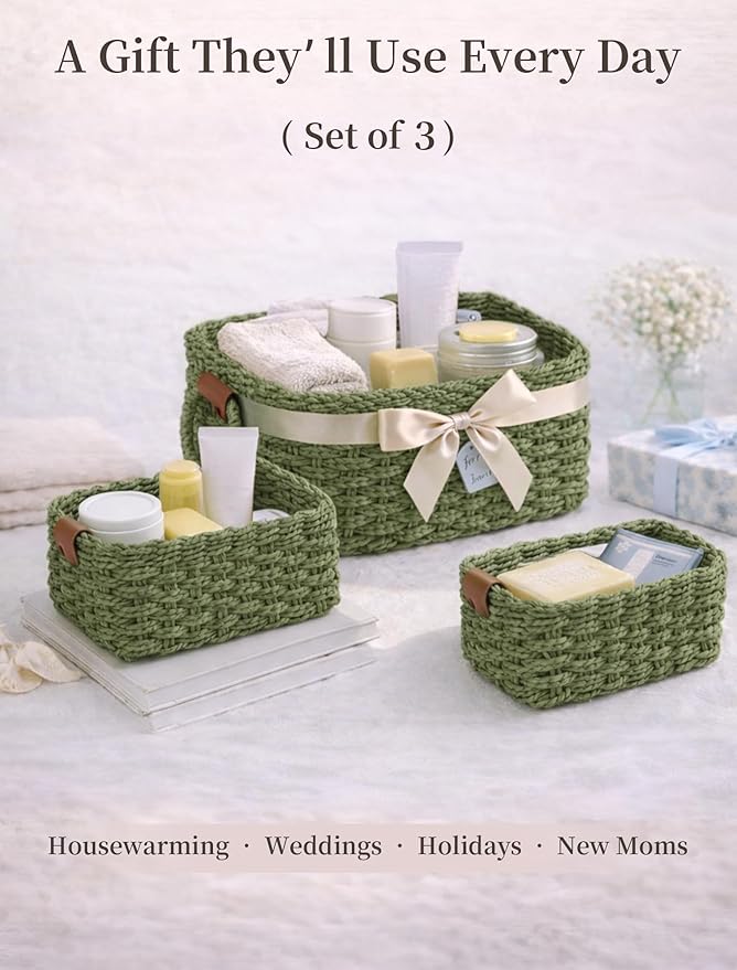 Storage Basket, Recycled Paper Rope Bathroom Basket Organizer, 3Pcs Small Baskets for Organizing, Mini wicker Basket for Decorative Storage Bins, Shelves, Bathroom, Cabinet - Green