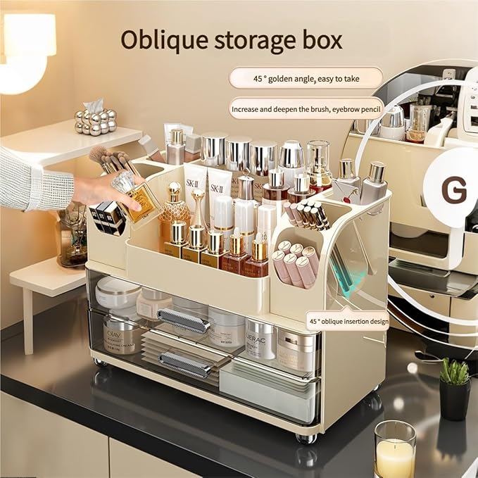Makeup Organizer with Drawers for Vanity,Bathroom Countertop Organizer with Brushes Holder,Skincare Storage Organizer for Lipsticks,Nail Polishes, Perfumes,Eyeshadow Palettes (Cream)