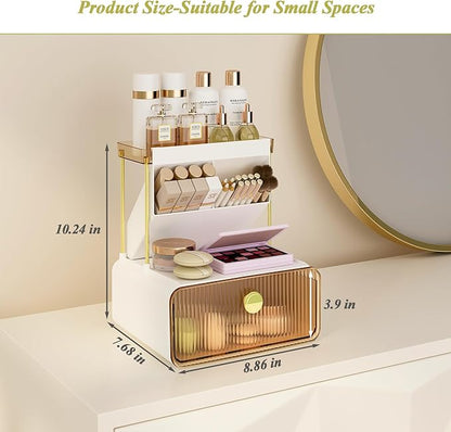 FOLLOWIN 3 Tiers Makeup Organizer with Drawer, Cosmetic Display with Lipsticks Brush Holder, Cosmetics and Beauty Supplies Organizers for Vanity, Dresser, Bathroom Desktop Countertop Organizer, Amber