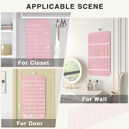2-Pack Hanging Jewelry Organizer Storage, 40 Pockets 36 Hooks Necklace Earring Necklace Bracelet Ring Organizer, Double - Sided Design, Pink