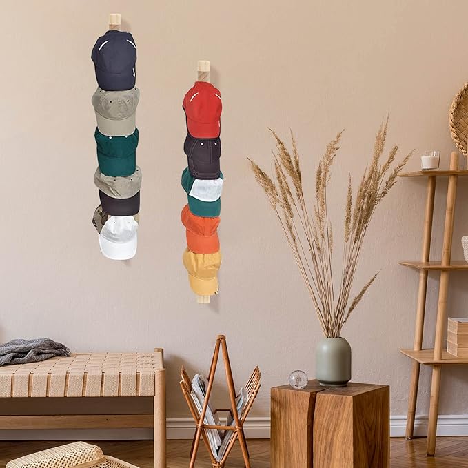 ZYP 2 PCS Hat Rack for Wall Wooden Baseball Caps Organizer Wall Mount Baseball Hat Holder Wall Vertical Hat Racks for Closet Door Bedroom Entryroom Laundry