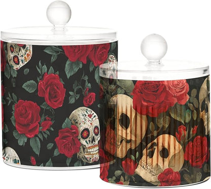 2 Pack Qtip Dispenser Apothecary Jars with Lids Cotton Round Holder Bathroom Canisters for Cotton Swab Floss Ball Pads Clear Plastic Decorative Black Mexico Skull Rose