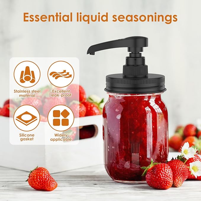 4Pcs Mason Jar Syrup Dispenser Stainless Steel Jar Syrup Dispenser Pump Lid, Honey Sauce Dispensers for 16 oz Regular Mouth, Coffee Syrups Distributor Pump Cover(Black,4Pcs)