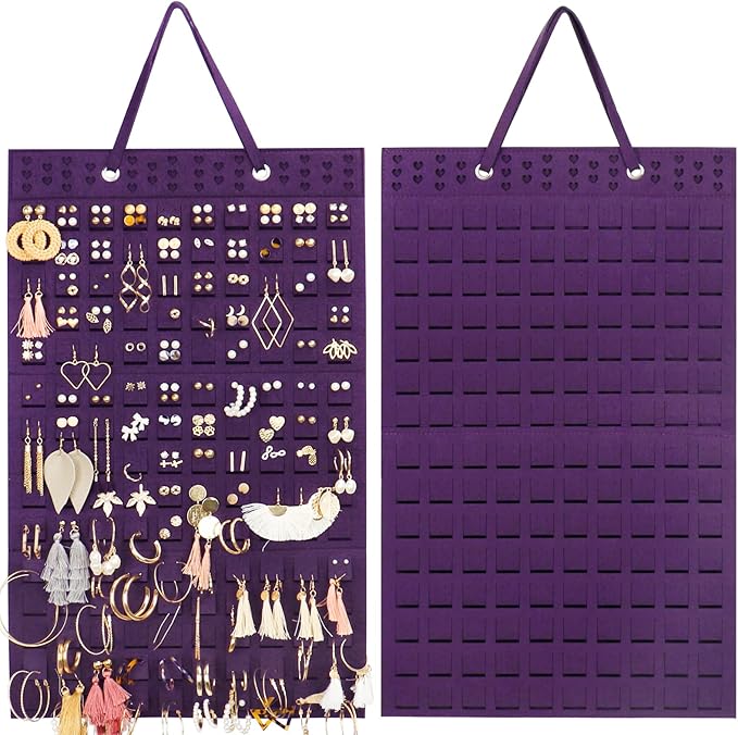 Resovo Hanging Earrings Organizer, Wall Earring Holder with 2 Hooks, Holds Up To 300 Pairs, Compact Design, Soft Material-Dark Purple