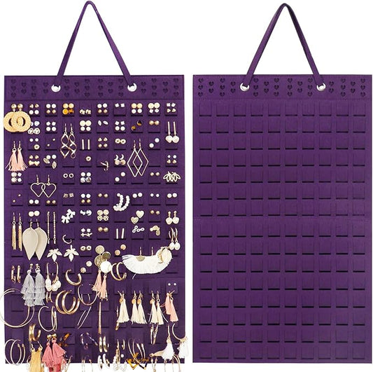 Resovo Hanging Earrings Organizer, Wall Earring Holder with 2 Hooks, Holds Up To 300 Pairs, Compact Design, Soft Material-Dark Purple