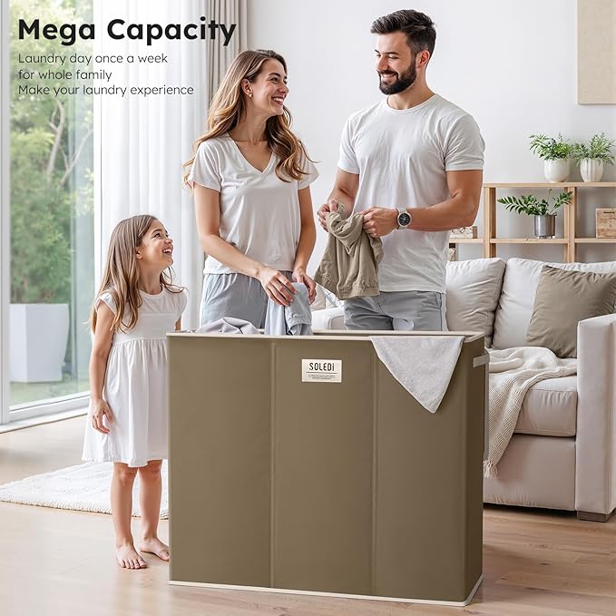 SOLEDI 180L 3-Section Laundry Hamper with Lid, Extra Large Dirty Clothes Basket with Sturdy Handles for Laundry Room & Bedroom - Durable Organizer for Sorting Laundry