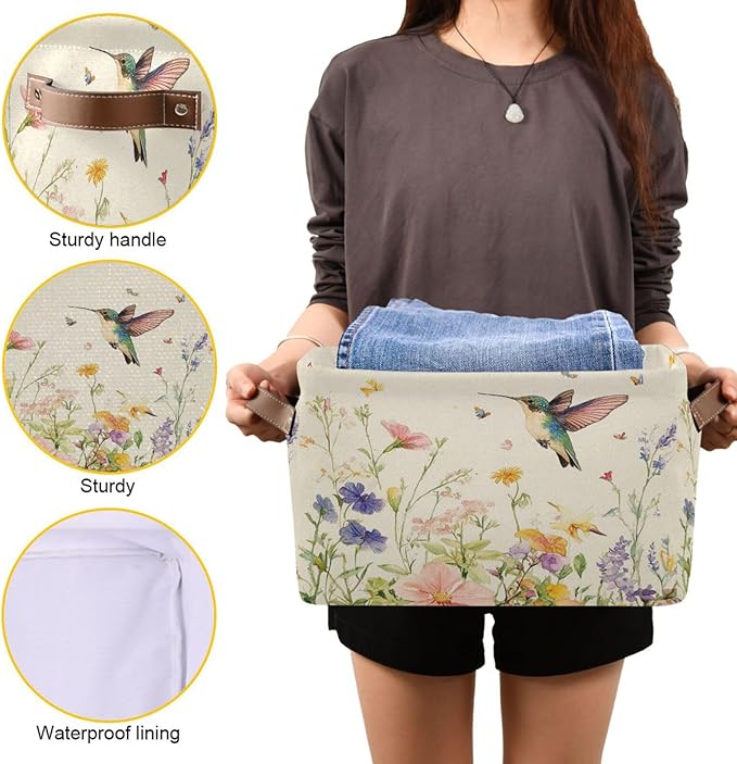 Spring Flowers Hummingbird Storage Basket Decorative Wildflowers Butterfly Summer Fabric Basket Bins Foldable Shelf Closet Storage Box Cube With Handle Organizer Basket For Kids Toys Clothes Bedroom
