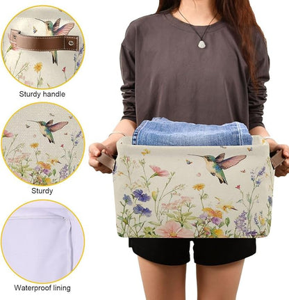 Spring Flowers Hummingbird Storage Basket Decorative Wildflowers Butterfly Summer Fabric Basket Bins Foldable Shelf Closet Storage Box Cube With Handle Organizer Basket For Kids Toys Clothes Bedroom