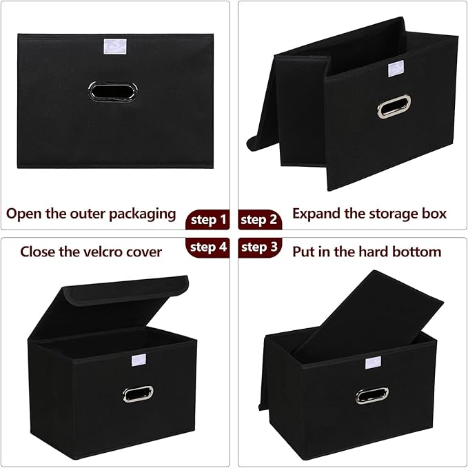 STOREONE Fabric Storage Cube Bins Foldable Organizer Container Collapsible Basket with Lids and Metal Handles, for Home, Bedroom, Closet 6 Pcs (Black)