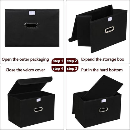 STOREONE Fabric Storage Cube Bins Foldable Organizer Container Collapsible Basket with Lids and Metal Handles, for Home, Bedroom, Closet 6 Pcs (Black)
