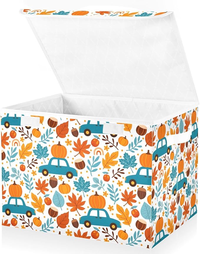 senya Thanksgiving Storage Baskets Collapsible Storage Bins with Lids, Thanksgiving Fall Maple Leaves Truck Pumpkins Storage Boxes Clothes Baskets for Organizing
