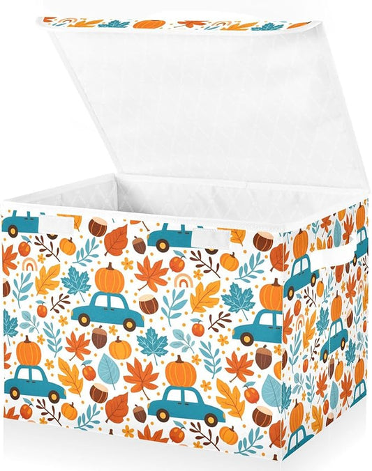 senya Thanksgiving Storage Baskets Collapsible Storage Bins with Lids, Thanksgiving Fall Maple Leaves Truck Pumpkins Storage Boxes Clothes Baskets for Organizing