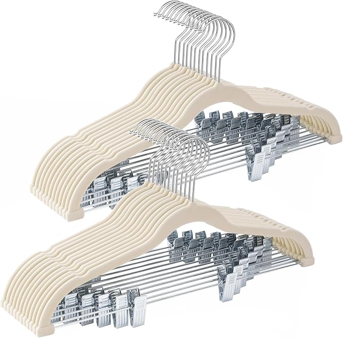 24-Pack Beige Velvet Hangers with Clips Adjustable,Adult Hangers,Heavy-Duty,Felt,Non-Slip,Space Saving,Slim Outfit Hanger for Pants, Skirts, Suits,Coats, Dresses ect.
