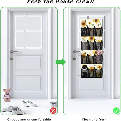 Sunflower Over the Door Organizer Bathroom Door Storage for Toiletries 4 Shelf 12 Mesh Pockets Shoe Rack for Closet Door Easy to Install Hanging Storage Bag for Apartments Dorms